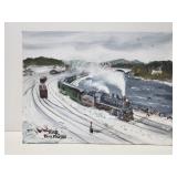 Signed canvas board train painting