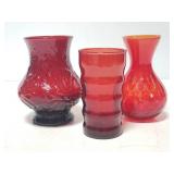 Red glass vase trio