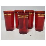 Set of 5 red glass cups with gold trim