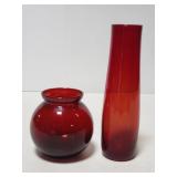 Two red glass vases