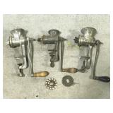 Three old cast metal meat grinders