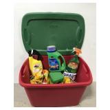 Tub of mostly full garden supplies miracle Gro,