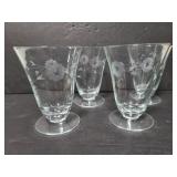 Set of 4 glass floral etched footed glasses