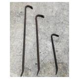 Three crowbar pry bars, 36 in, 28 in, 17 in