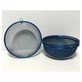 Four blue mesh strainers
