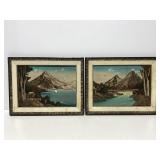 Vintage natural media mountain scene art pair