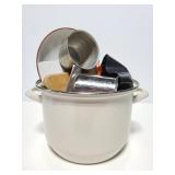 Enamel pot with assorted vintage kitchen items