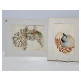 Two matted Balcer watercolor shell paintings
