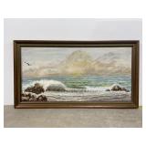 Large ocean shore original framed oil painting
