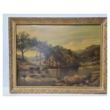 Cattle and fishing scene print in old wood frame