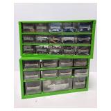 Two green metal hardware organizers w/ contents