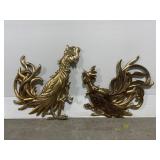 Lot of 2 large vintage syroco wood gold roosters