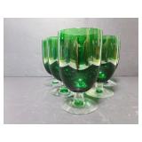 Set if 6 short stem green glass goblets