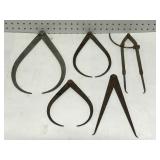 Lot of five large old metal calipers
