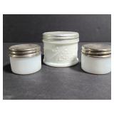 Trio of vintage milk glass vanity jars w/ lids