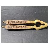 Brass or copper nut cracker w/ carved wood handle