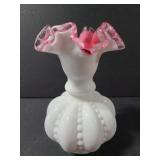 Pink and white ruffle edge glass vase