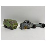 Vintage cast metal toy van, truck, & trailer