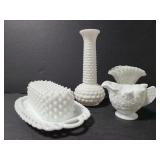 Milk glass hobnail vases and butter dish