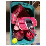 Bin of youth softball/basball gear