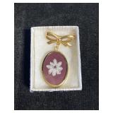 Tiny gold hand crocheted ribbon cameo pin
