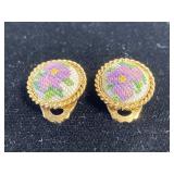 Pair of tiny gold embroidered clip-on earrings