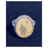 Wood carved mini pirate ship sterling silver ring