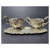 Metal enamel lined sugar & creamer w/ tray