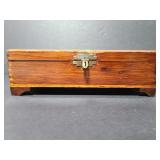 Old vintage wood box with blue lining