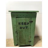 Handcrafted green painted Keep Out small cabinet