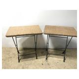 Pair of wrought iron wicker-top folding tables
