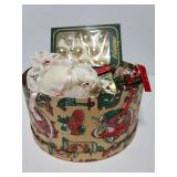 Bin of assorted holiday decor