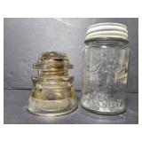 Glass railroad insulator and Kerr jar