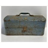 Vintage falls city blue metal tackle box