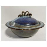 Blue glazed signed stoneware bowl w/ lid
