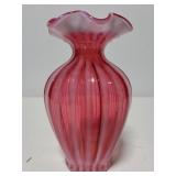 Vintage Fenton pink glass vase w/ white stripes