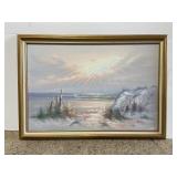 Large framed beach scene oil canvas panting