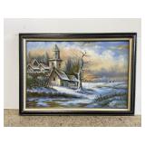 Large framed city scape oil on canvas painting