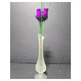 Frosted glass Fenton bud vase w/ wood roses