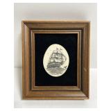Small framed carved stone tall ship