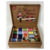 Lot of thread in vintage wood cigar box