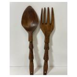 Giant hand carved wood spoon & fork