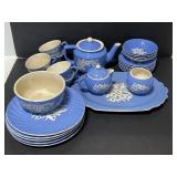 Huge lot blue cameo-ware dishes - harker pottery