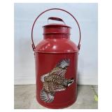Vintage red painted milk can w/ pheasant decal