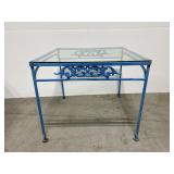 Blue painted wrought iron table w/ glass top