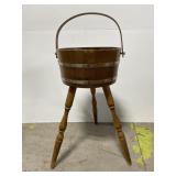 Vintage 3-leg wood barrel planter w/ handle