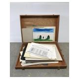 Vintage wooden artwork case w/ contents