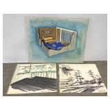 Trio of mid century architectural sketches