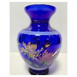 Cobalt blue glass painted floral vase