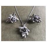 Sterling silver rose necklace & earring set